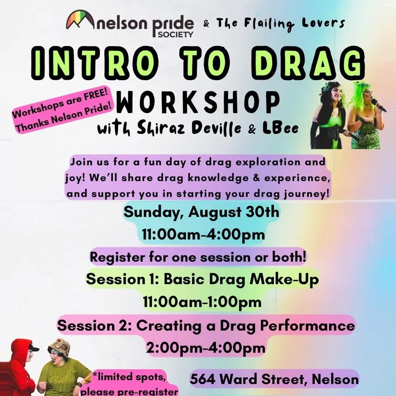 Intro to Drag Workshop, Nelson Pride 2026 social post