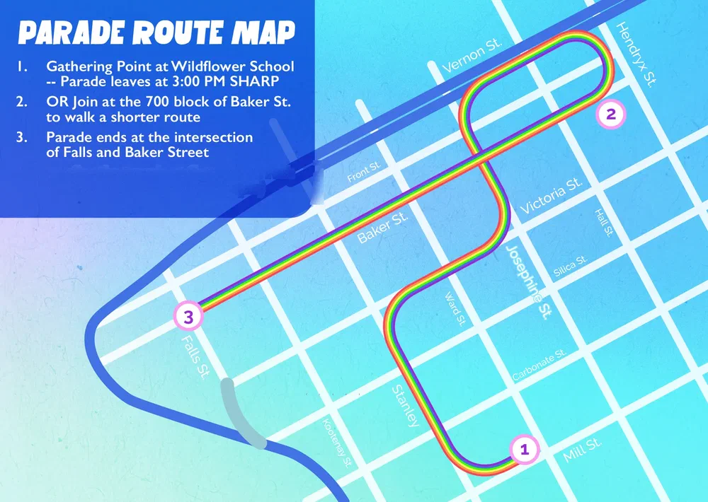 Map of the parade route through downtown Nelson. The route starts at Wildflower School, near Stanley and Mill (marked 1), works its way up to the top of Baker Street by Hendryx (marked 2), then runs the whole length of Baker Street downhill to finish at Falls Street (marked 3).
